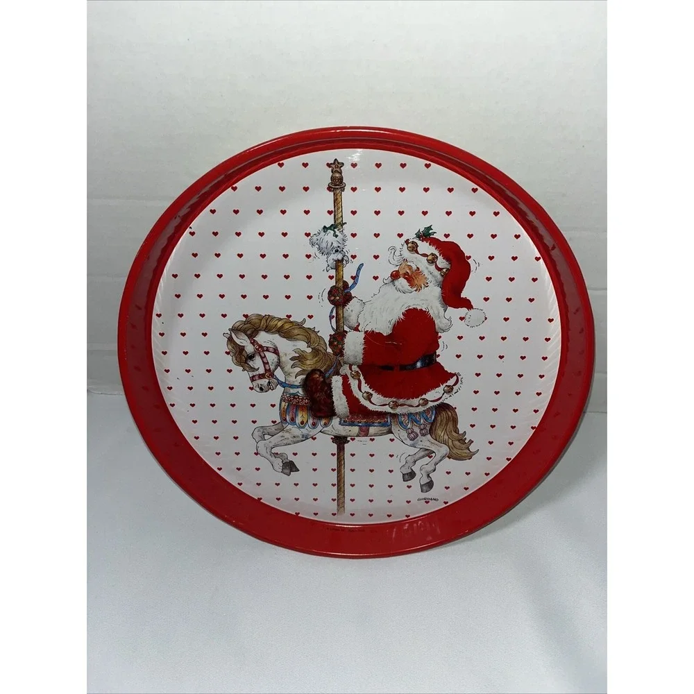 Christmas Metal Tin Giordano Cookie Serving‎ Tray Plate Santa On Carousel Vtg